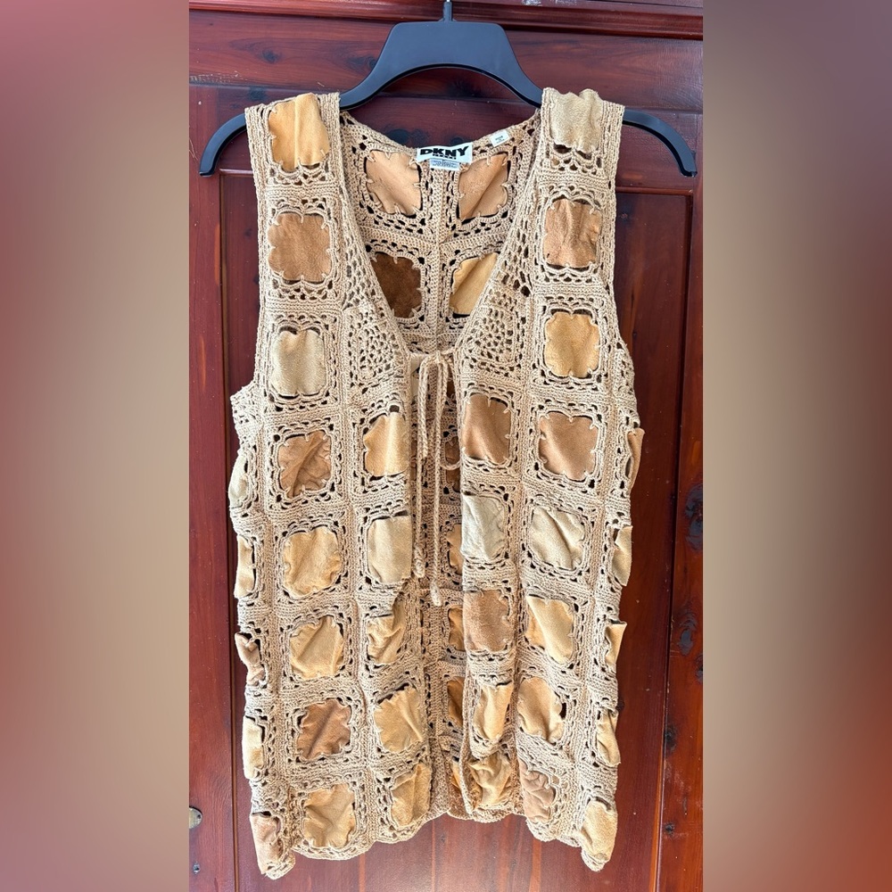 Vintage (90s) DKNY Jeans Crochet Patchwork Vest in Tan and Brown